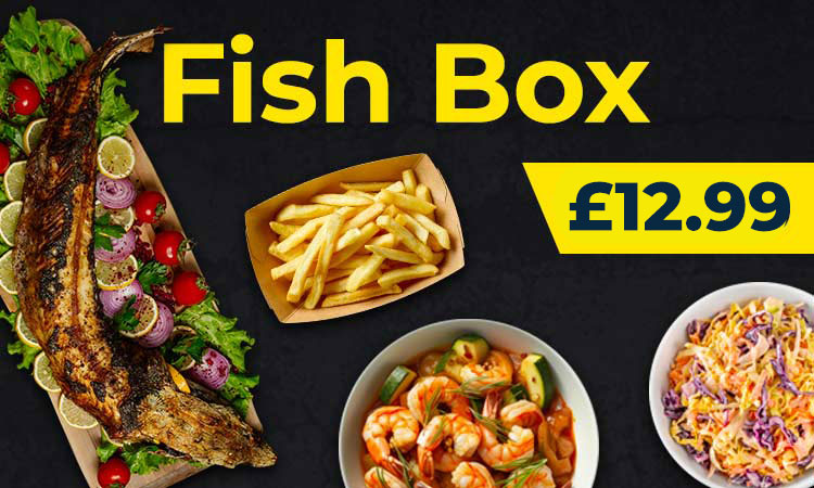 Fish Box meal deal featuring a grilled fish in a box, French fries, and colourful salads available for £12.99 