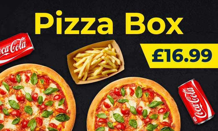 Pizza Box meal deal featuring two large pizzas topped with fresh basil 
leaves and cherry tomatoes, a serving of French fries in a paper container, and two 
cans of Coca Cola for £16.99 